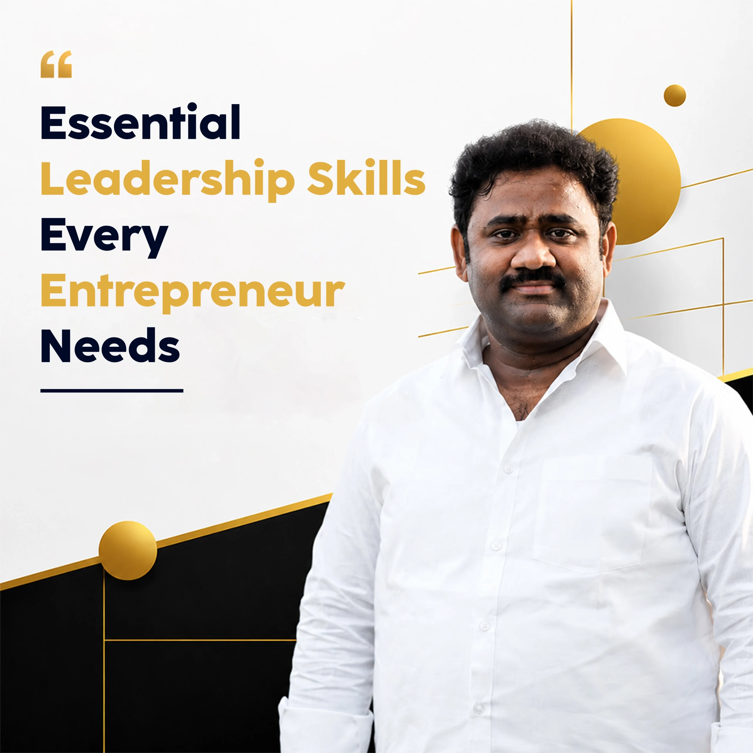 Entrepreneur leading a business meeting while demonstrating essential leadership skills including strategic planning, decision-making, team management, communication, and business growth.