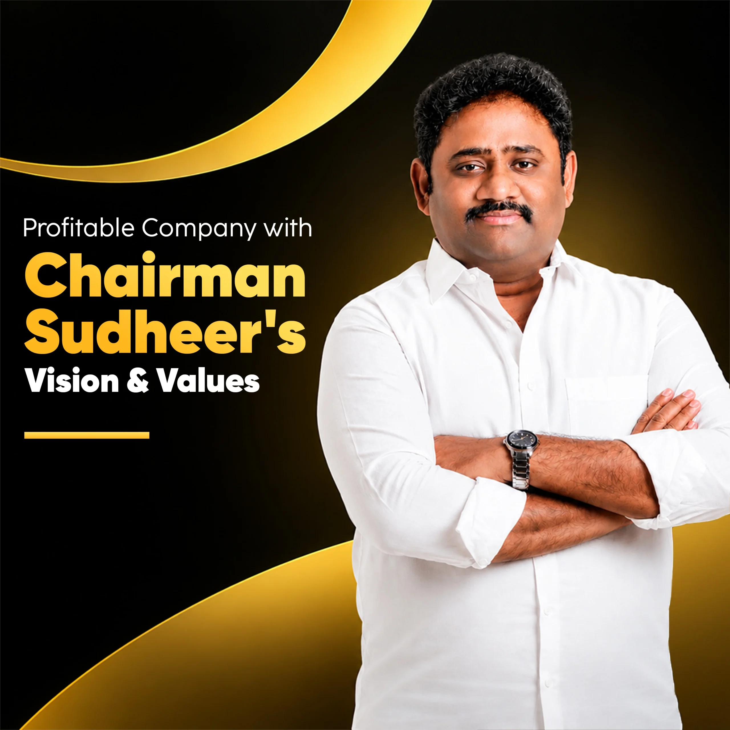 Chairman Sudheer, a successful entrepreneur and Chairman of Bhavana Rice Manufacturer, posing with crossed arms.